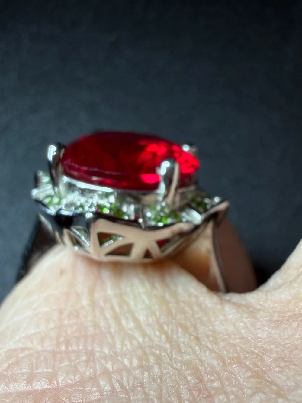 Sterling Silver Ring with Large Fuchsia and Green Accent Stones size 6